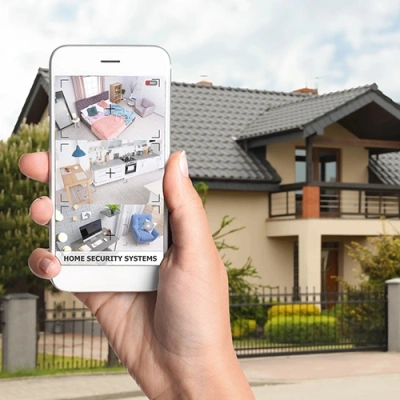 Riverside vivint phone display of cctv live feed in front of a house